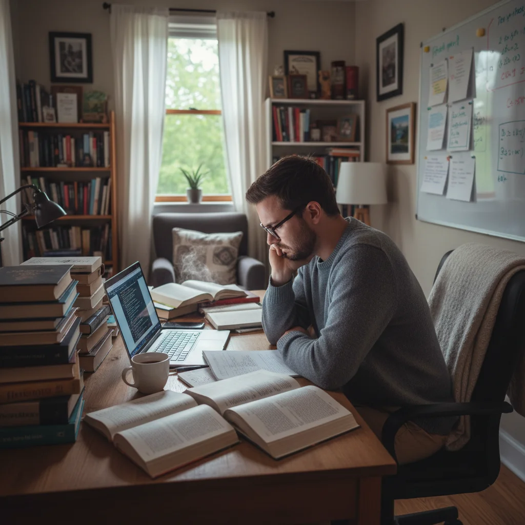 Individual engaged in self-directed online learning at a home office, demonstrating personal professional development.