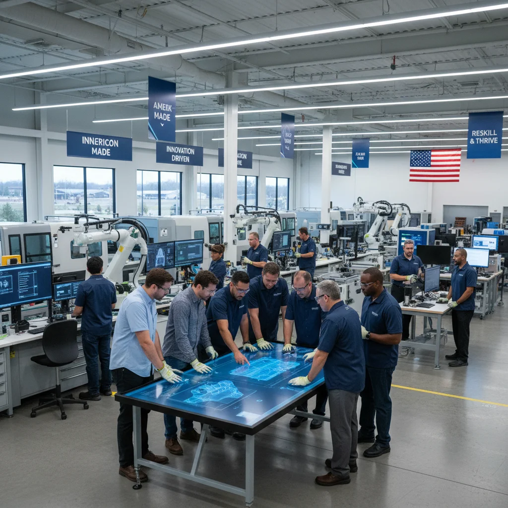 Skilled American workers collaborating in a modern factory, highlighting workforce development