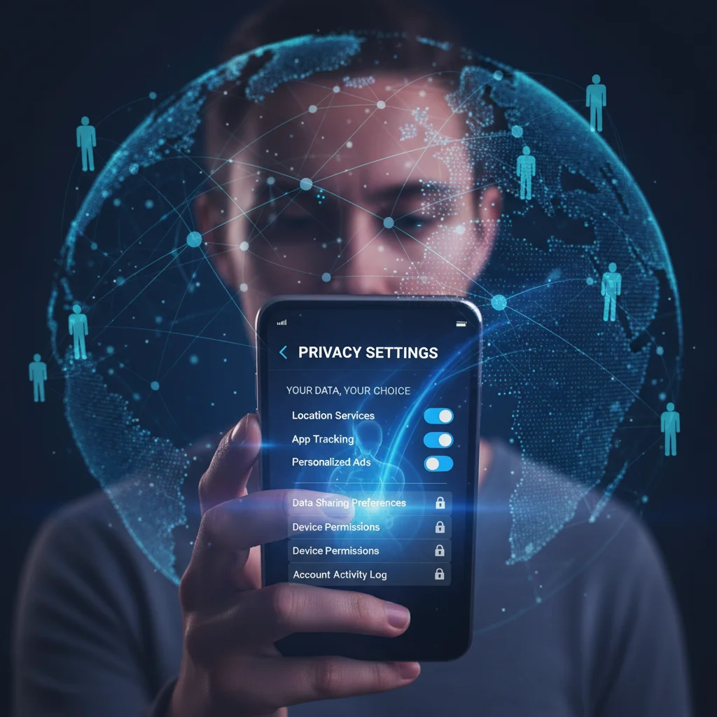 Smartphone displaying privacy settings with data points in the background.