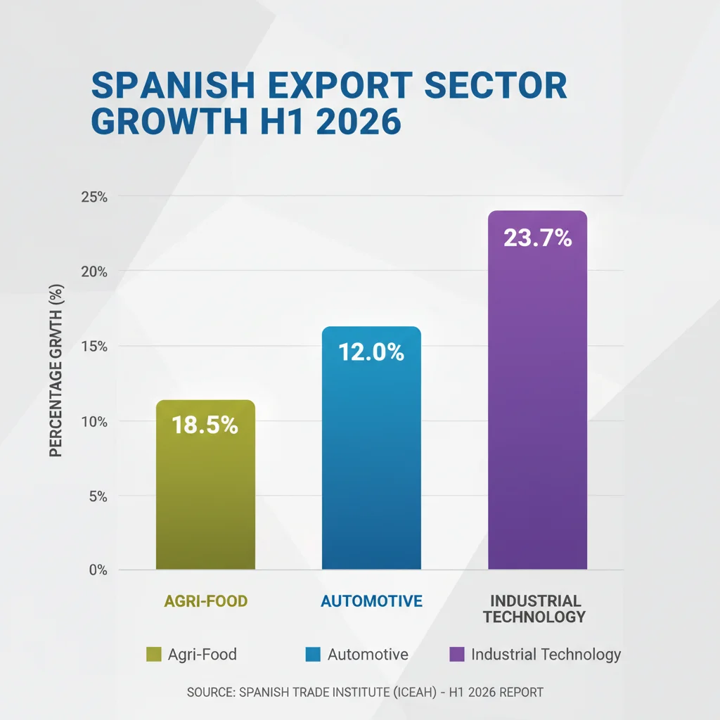 Infographic displaying growth percentages for key Spanish export sectors in H1 2026.