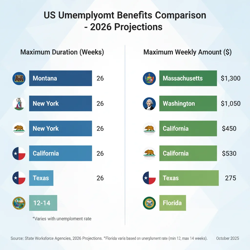 Infographic comparing unemployment benefit durations and amounts by US state in 2026.