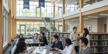 Students collaborating in a university library, discussing federal student aid updates.