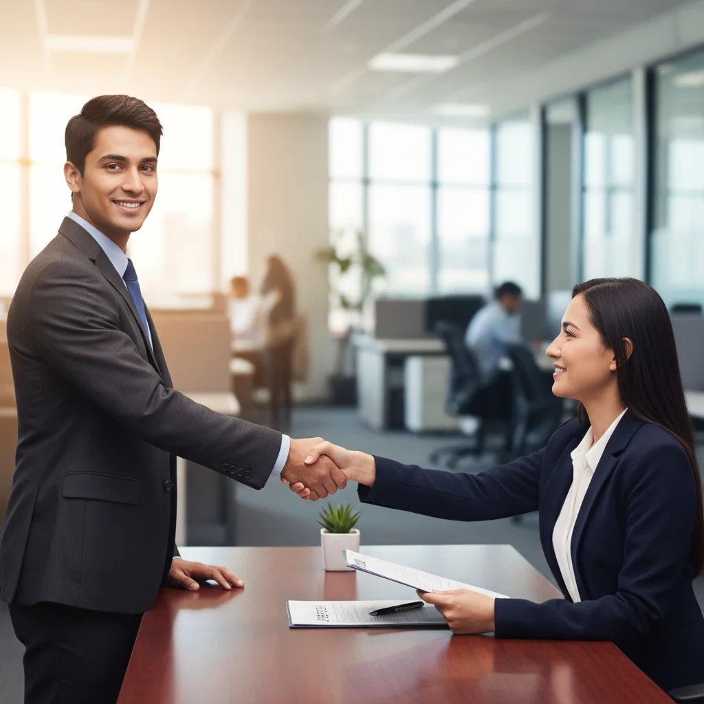 Candidate shaking hands with interviewer after a successful job interview.
