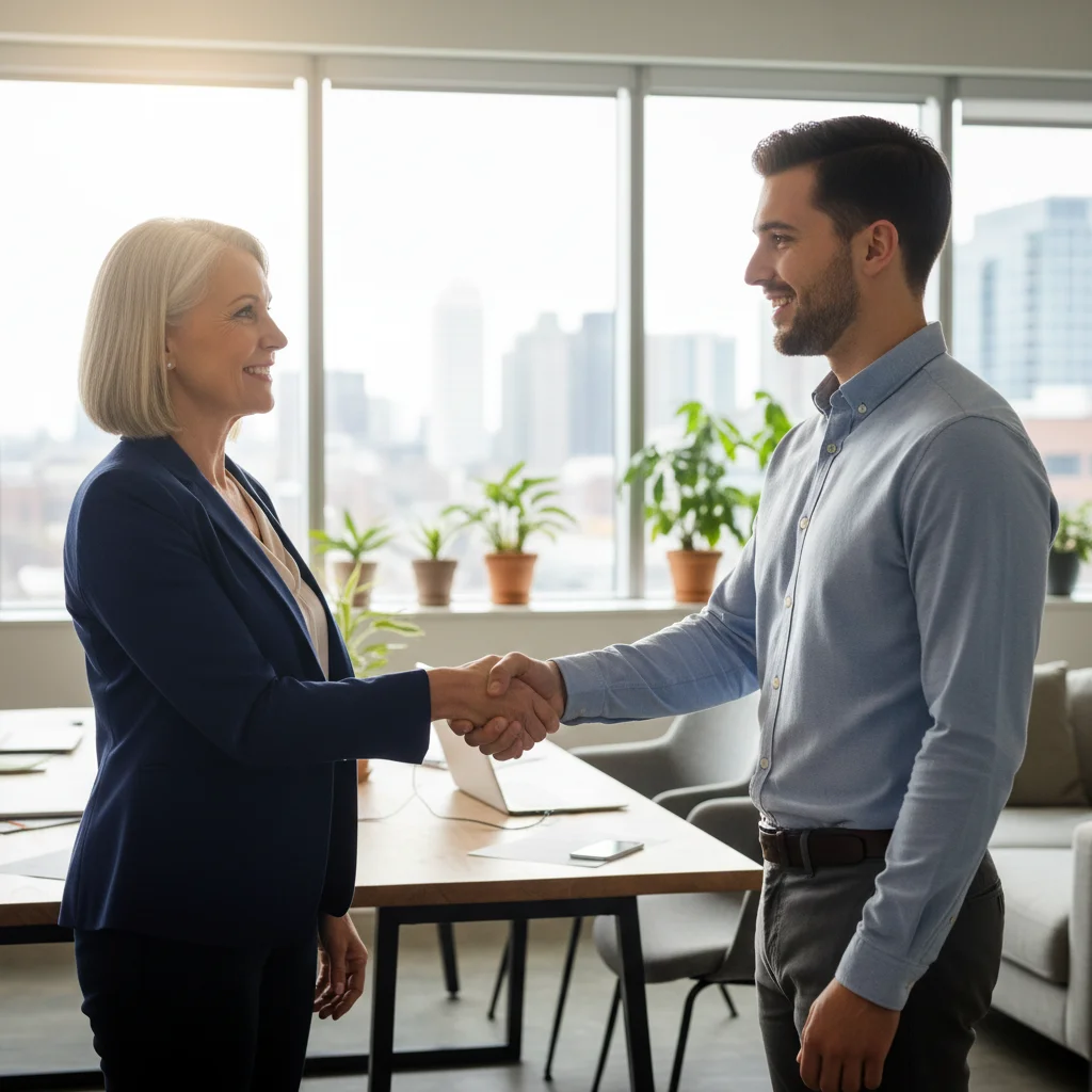Mentor and mentee shaking hands, symbolizing a strong and successful professional relationship.