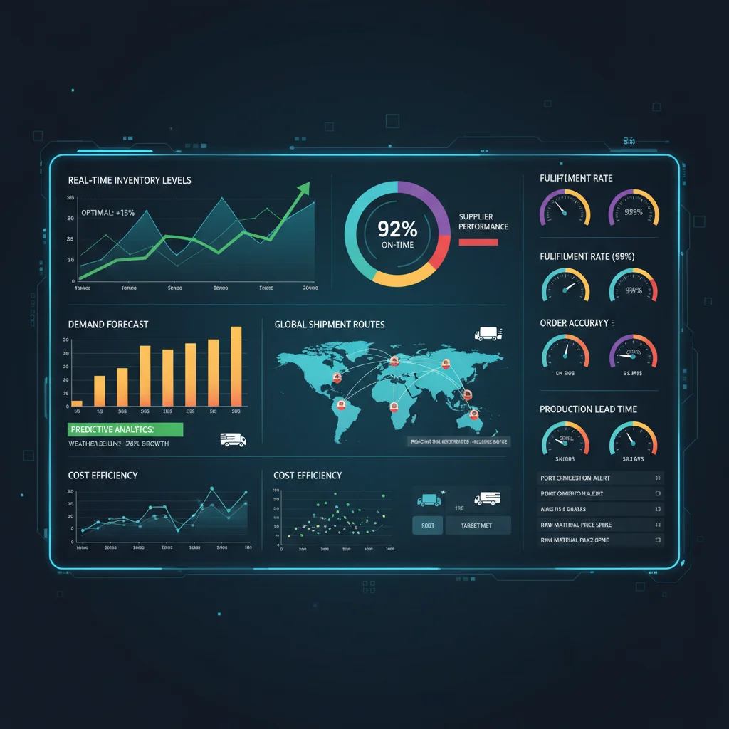 Digital dashboard showing real-time supply chain analytics, predictive forecasting, and risk assessment metrics.