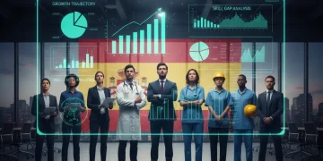 Professionals facing talent gap in Spain, representing diverse industries and growth projections.