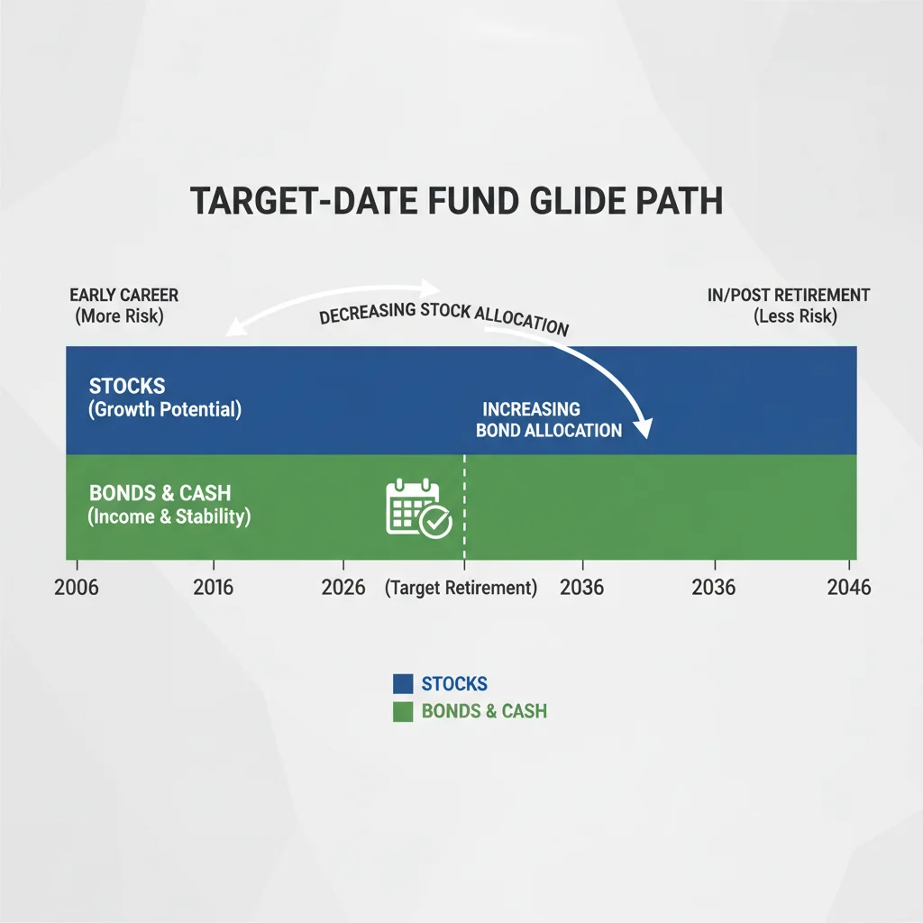 Infographic showing a target-date fund glide path, illustrating asset allocation changes over time.