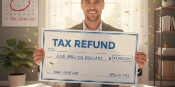 Smiling person holding a large tax refund check for 2026, surrounded by tax forms