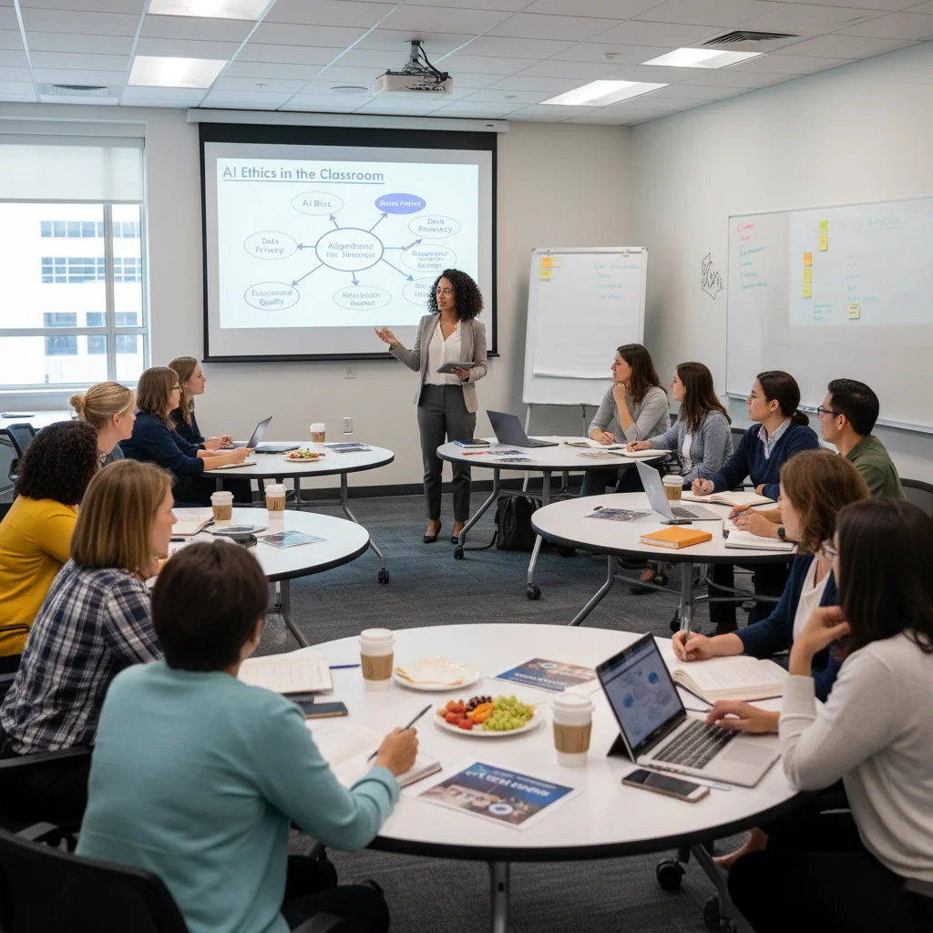 Teachers discussing AI ethics and integration in professional development