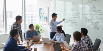 Engineers collaborating on a whiteboard for technical interview preparation