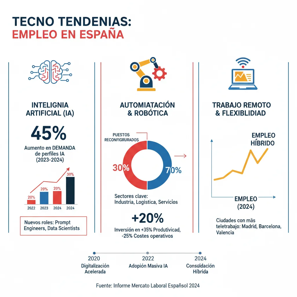 Infografía de tendencias tecnológicas que transforman el mercado laboral español: IA, automatización y teletrabajo.