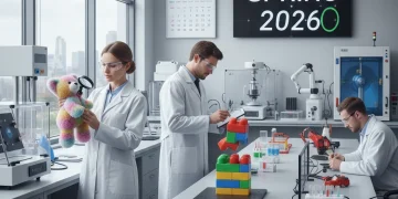 Scientists testing children's toys in a lab for new safety standards effective Spring 2026