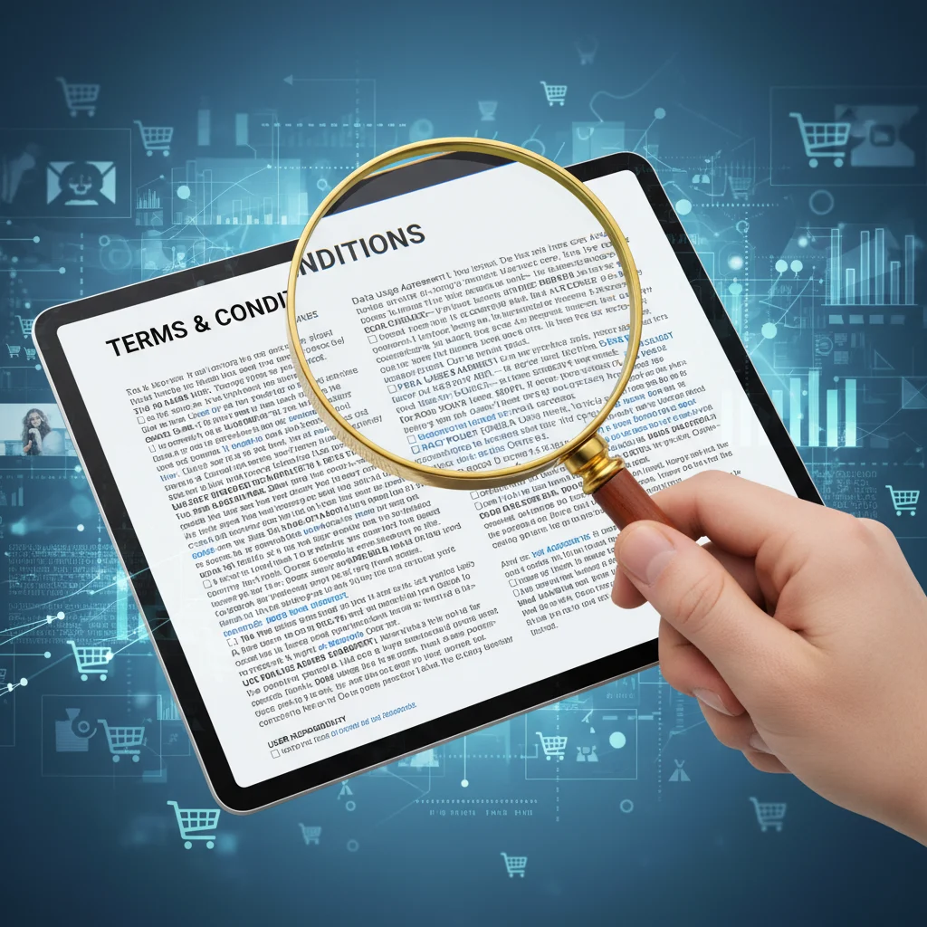Magnifying glass examining online marketplace terms and conditions for enhanced consumer transparency.
