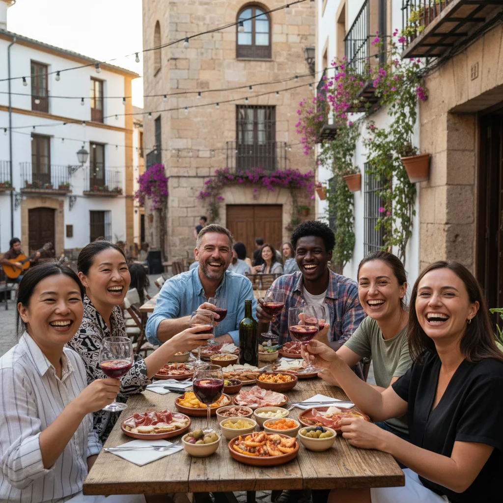 Turistas disfrutando de tapas en un restaurante tradicional español.