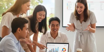 Undergraduate interns collaborating happily in a bright, modern office setting, discussing their summer 2026 projects.