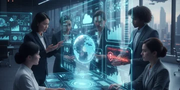 Professionals collaborating on future tech, symbolizing upskilling