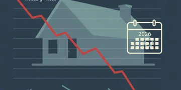 US Housing Market 2026: Slowing Price Growth & Implications Graphic showing a downward trend in US housing prices for 2026, with a house icon and financial data overlays.
