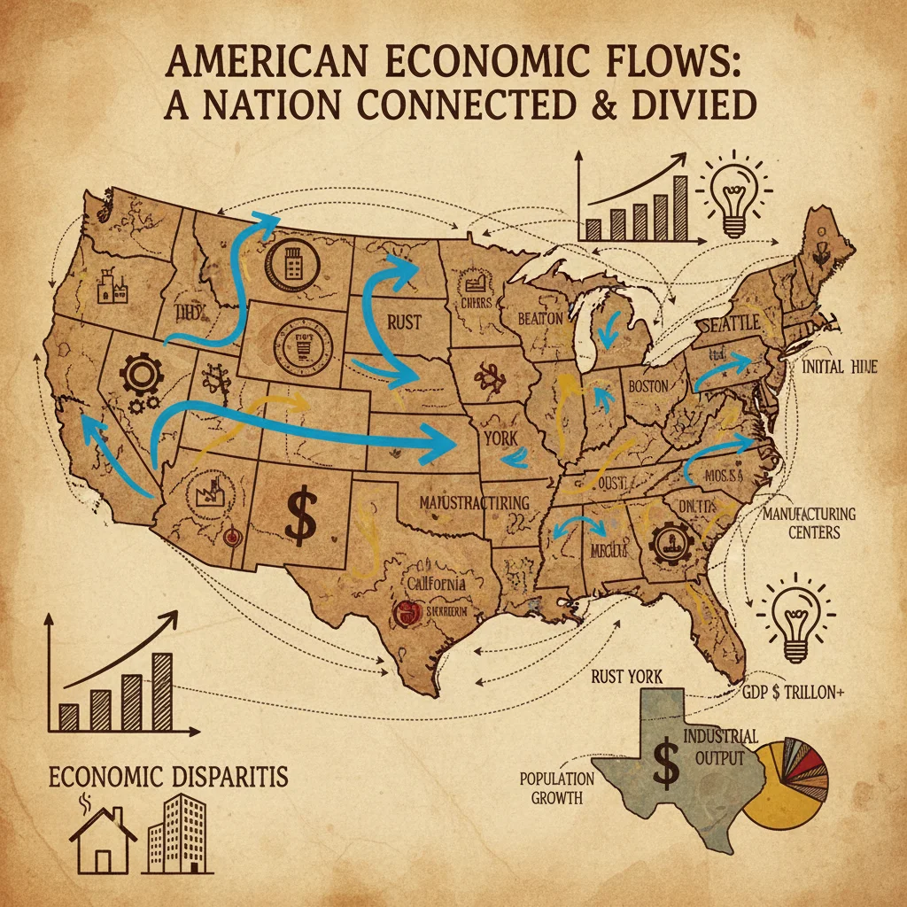 Map showing internal migration and capital flows impacting US regional economies.