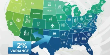 Infographic showing US state GDP growth variance in 2026, with diverse economic indicators.