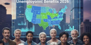 Illustration of individuals navigating unemployment benefits in 2026, with a US map.