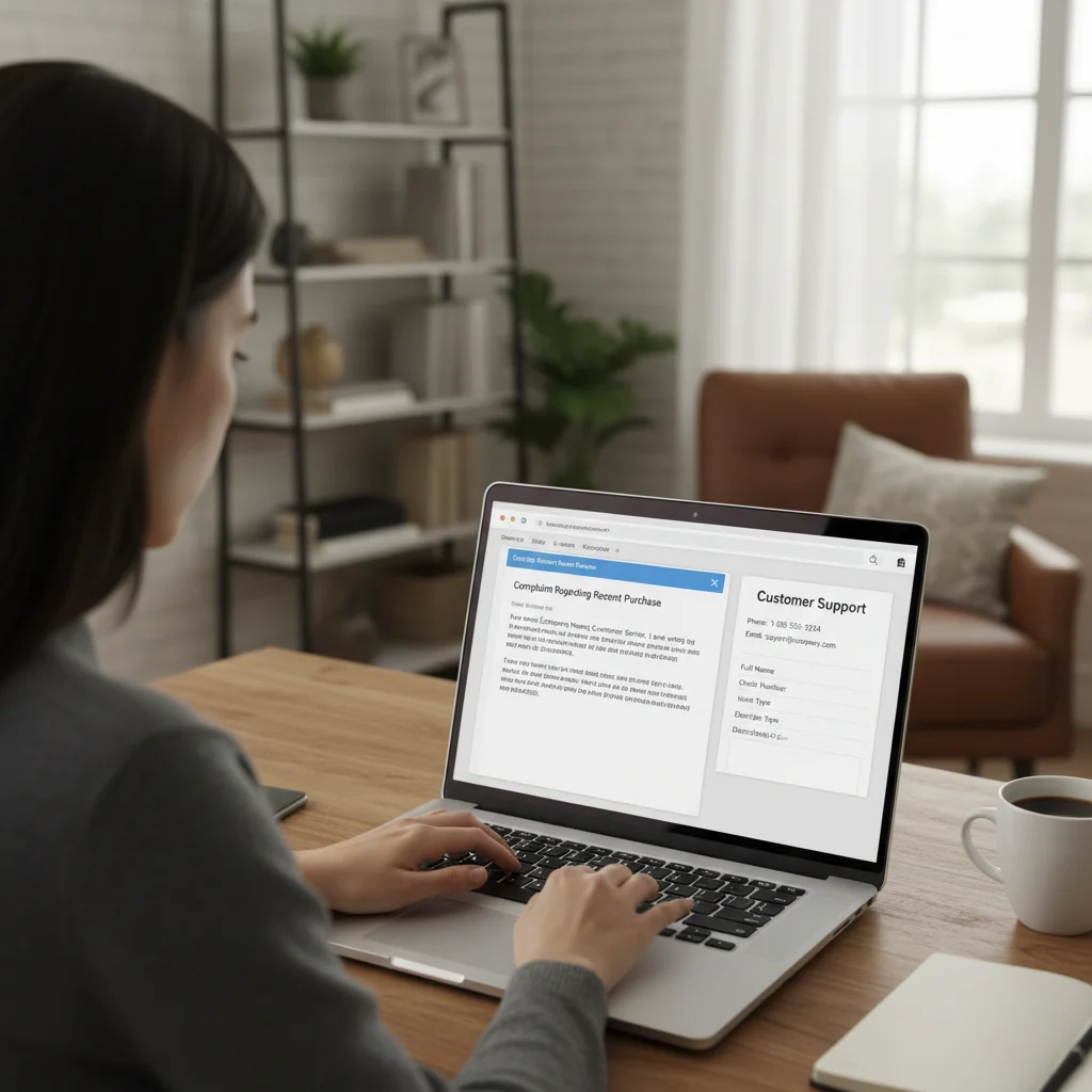 Person writing a formal complaint email to customer service about a denied refund.