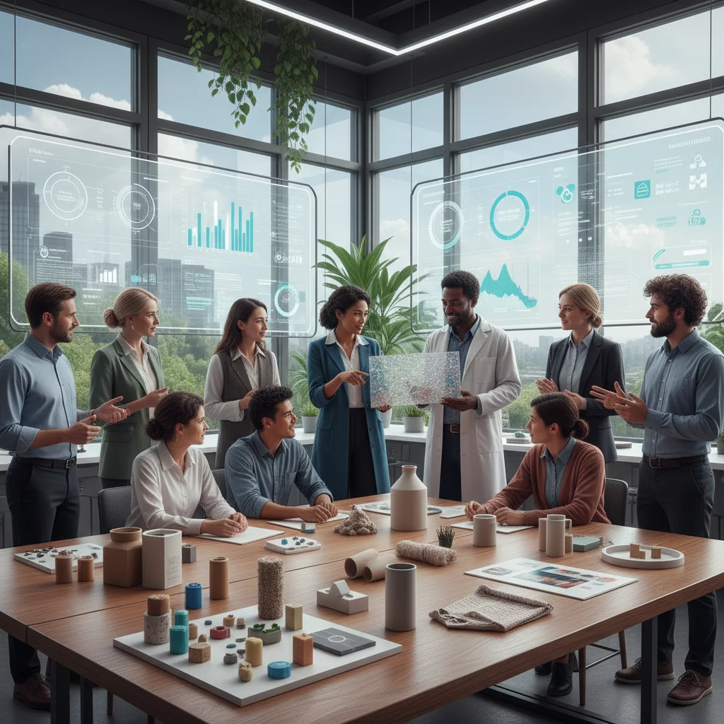 Researchers and entrepreneurs collaborating in a lab on circular economy solutions and sustainable materials.