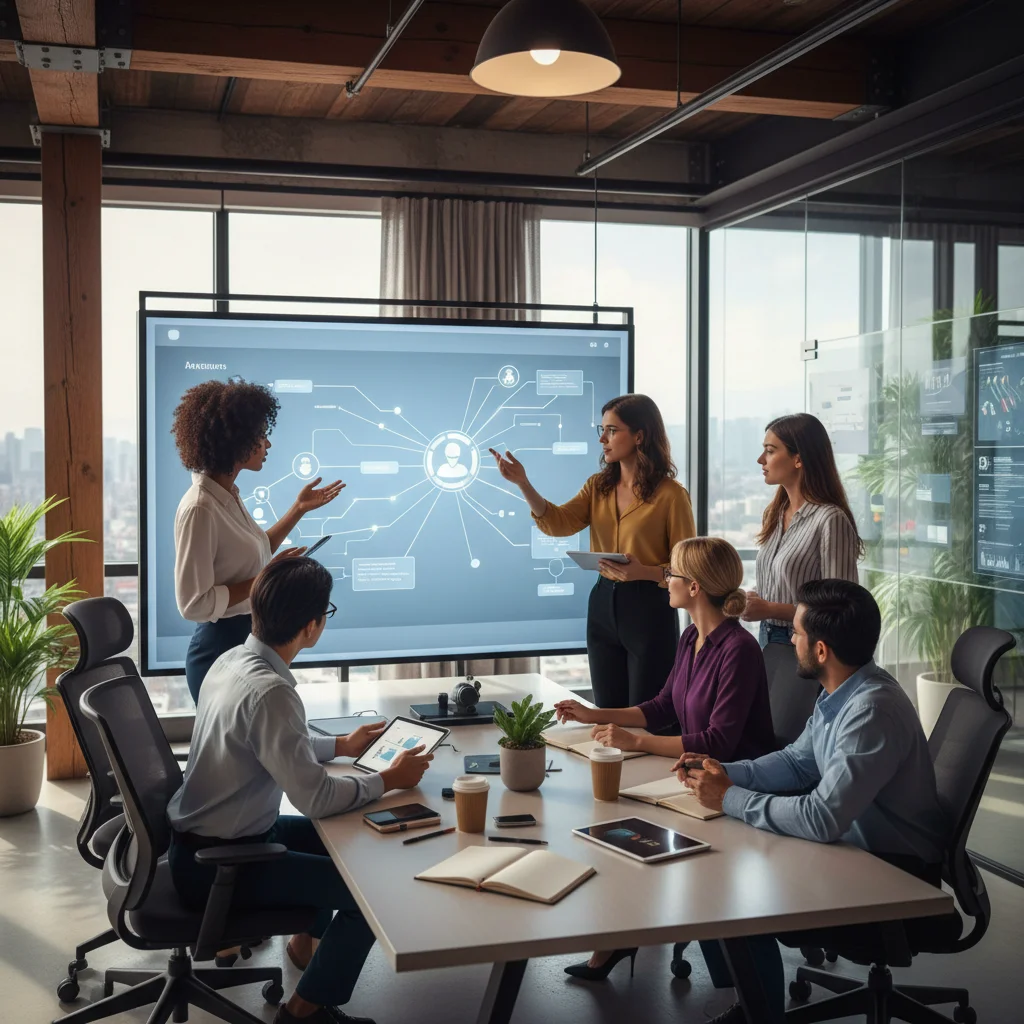 Diverse professionals collaborating with digital tools, highlighting teamwork and problem-solving skills.