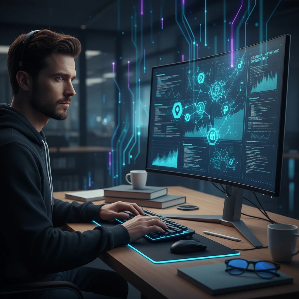 Individual focused on data analysis and coding on a computer, representing analytical and technical skills.