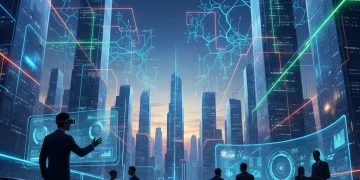 Futuristic digital city with professionals, symbolizing the impact of digitalization on employment.