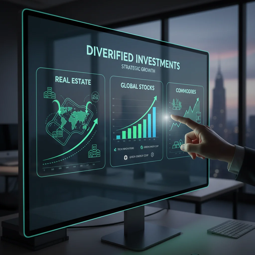 Digital screen showing diversified investment portfolios and growth charts.