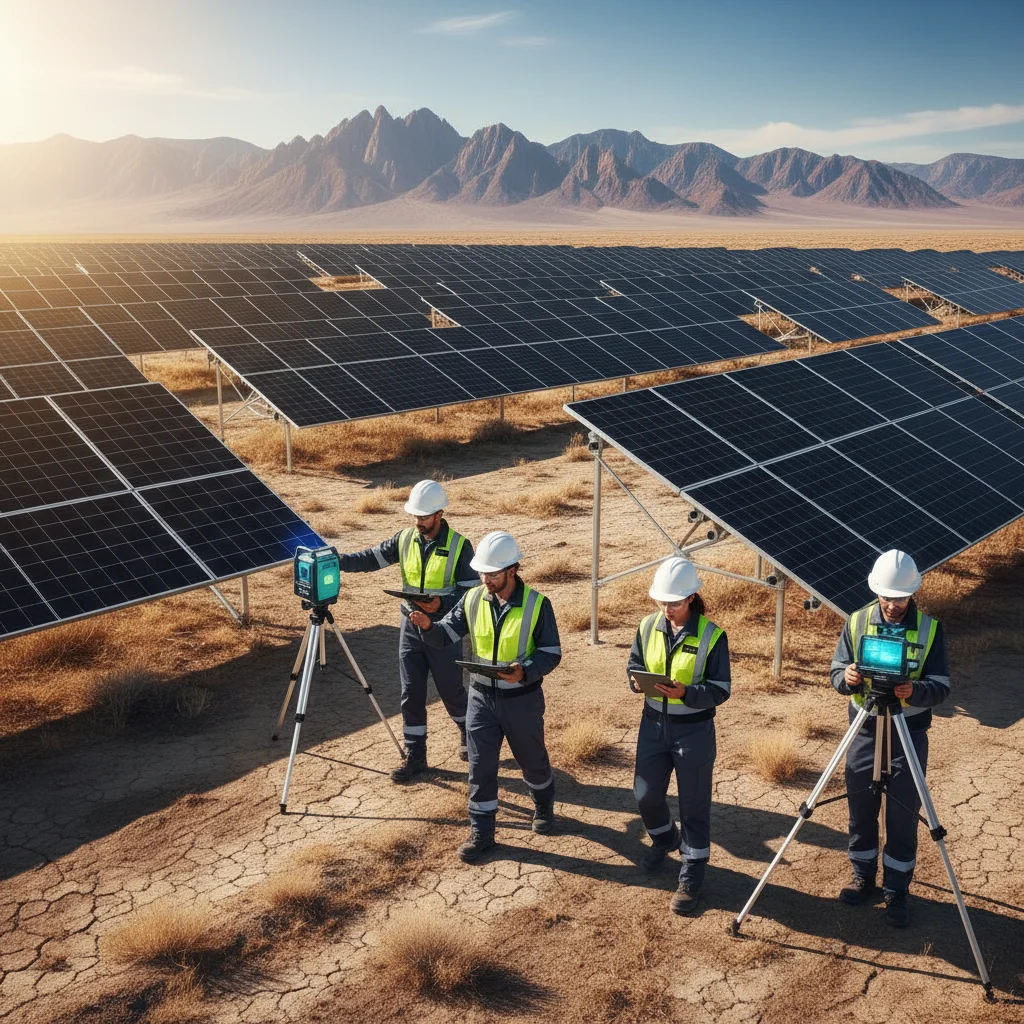 Engineers inspecting advanced solar panel arrays in a large Spanish solar farm, highlighting renewable energy innovation.