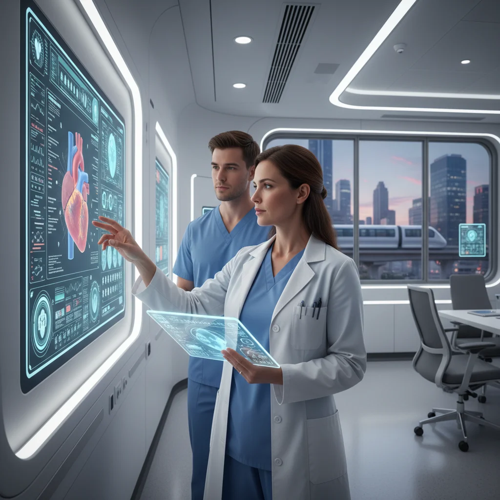 Healthcare professional using advanced medical technology in a modern hospital.