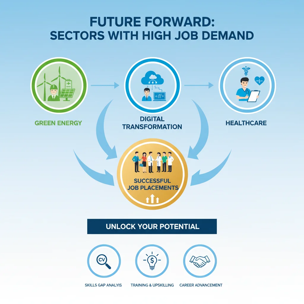 Infographic of high-demand sectors and successful job placements.
