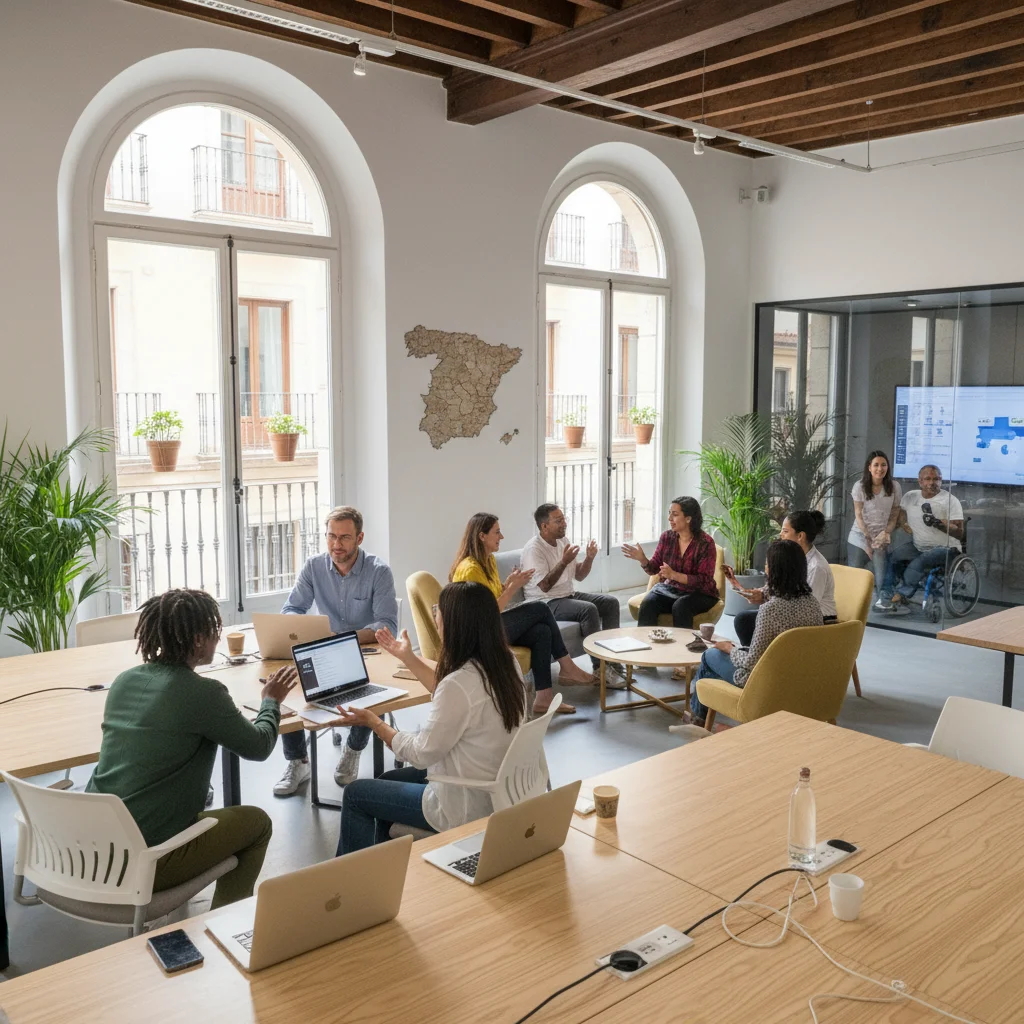 Professionals collaborating in a modern flexible co-working space