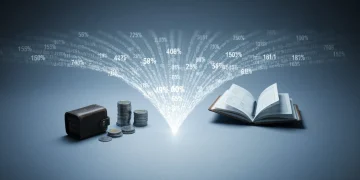 Conceptual image depicting macroeconomic forces, with numerical data waves influencing a stack of coins, a leather wallet, and an open ledger on a grey surface.