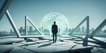 An individual observes a fragmented, deconstructing platform with digital code and a global overlay, representing modern job market shifts and the impact of technology and globalization.