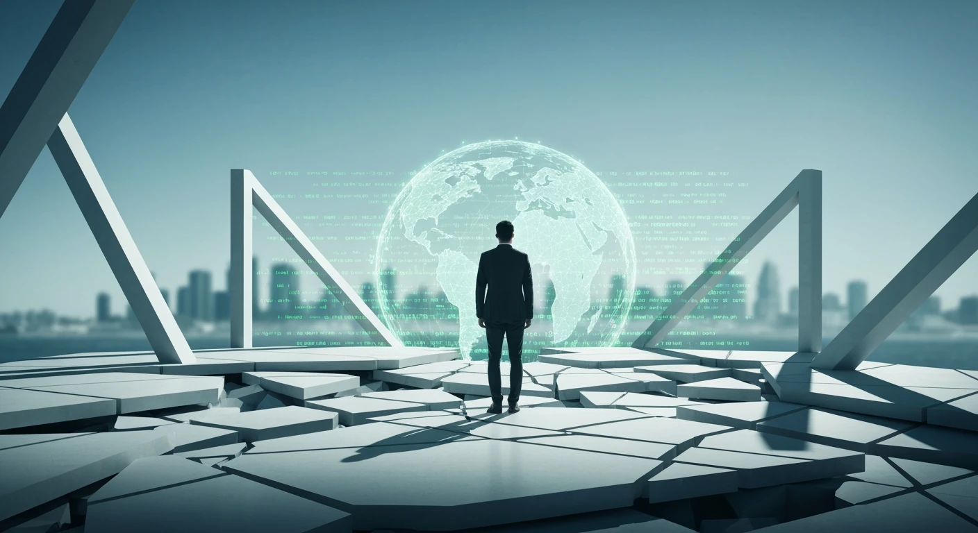 An individual observes a fragmented, deconstructing platform with digital code and a global overlay, representing modern job market shifts and the impact of technology and globalization.