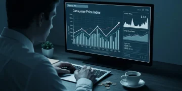A person viewing a financial dashboard displaying economic indicators like CPI, interest rates, and unemployment rates, illuminated by the screen's glow.