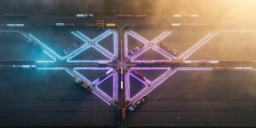 Aerial view of intertwined global shipping lanes and freight tracks, lit in cool blues and purples, symbolizing complex global inflation drivers and supply chain disruptions. Ships and trains move slowly through fog.