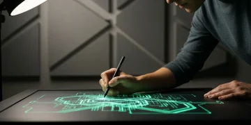 A person pointing at a holographic projection of complex career pathways and data streams on a modern drafting table, symbolizing strategic navigation in a dynamic job market.