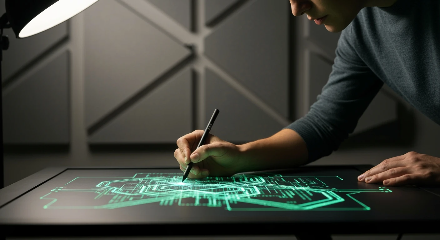 A person pointing at a holographic projection of complex career pathways and data streams on a modern drafting table, symbolizing strategic navigation in a dynamic job market.