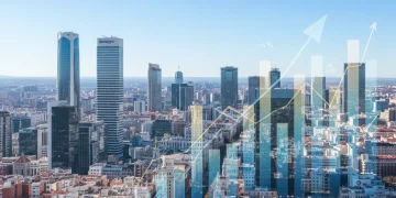 Madrid cityscape with financial buildings and upward trending economic graphs, symbolizing Spain's 2026 GDP growth forecast.