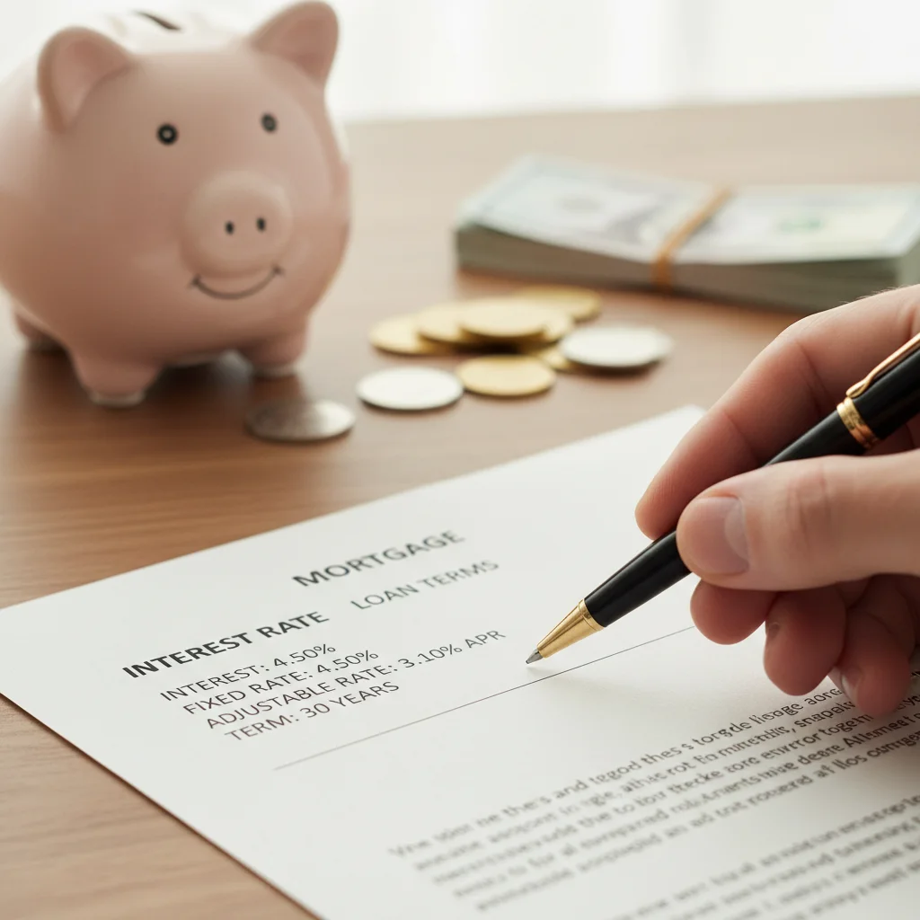 Close-up of mortgage document with pen, highlighting interest rates