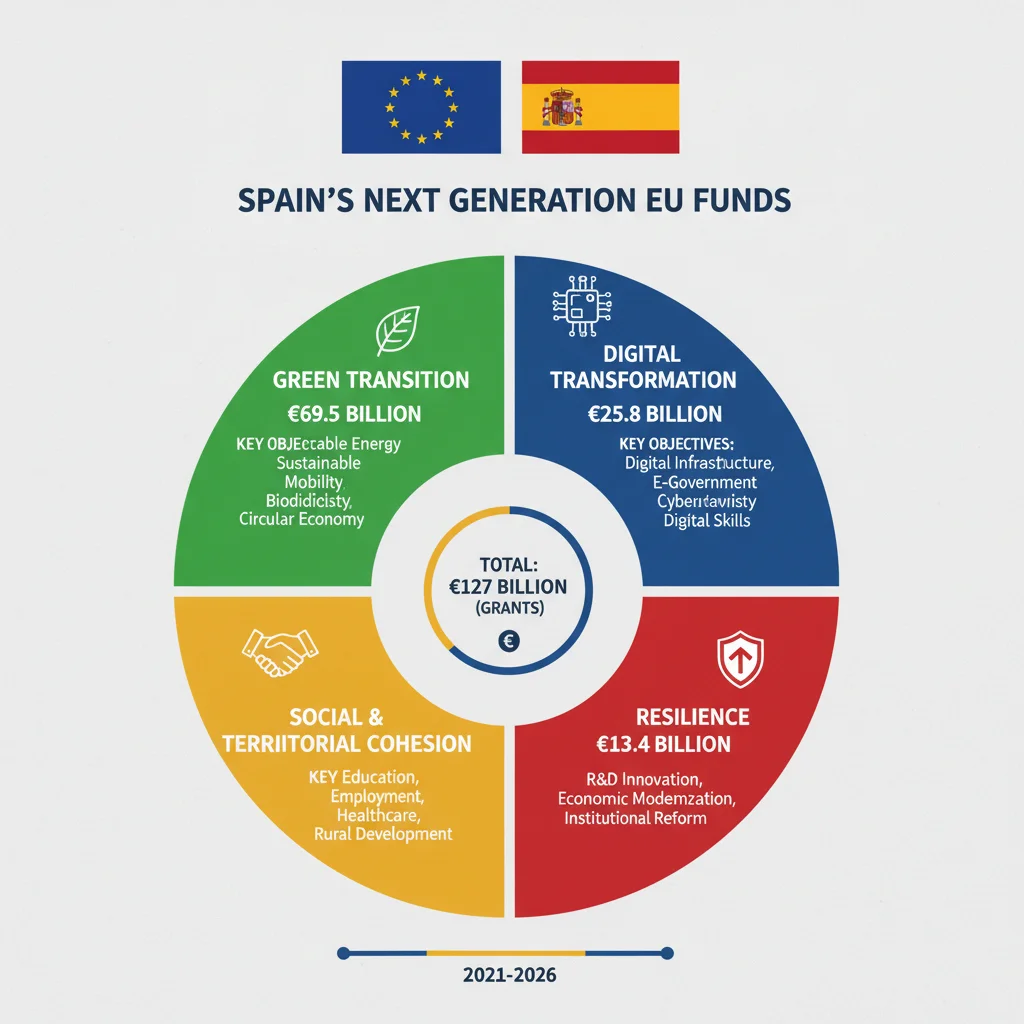 Infographic detailing strategic pillars and budget allocation of Next Generation EU funds in Spain.