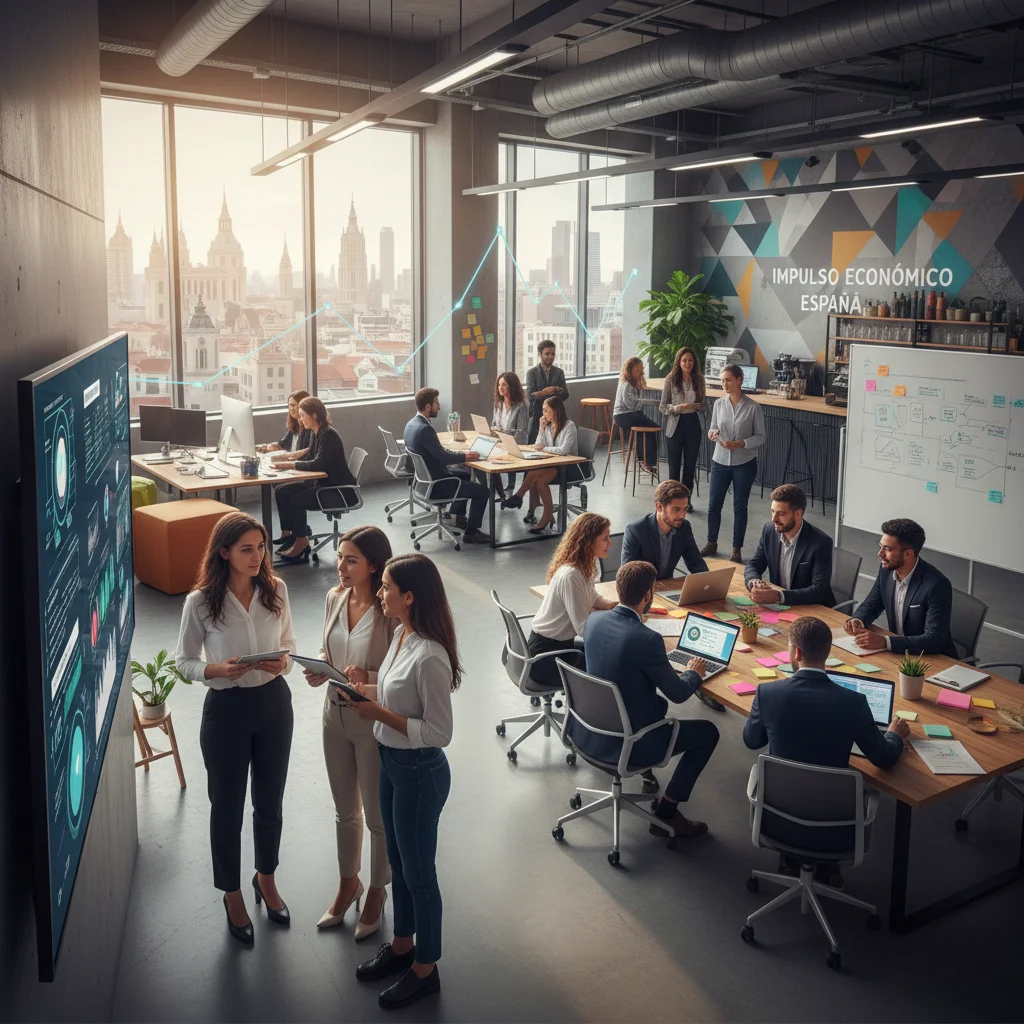 Young professionals collaborating in a modern co-working space, representing skilled labor and innovation in Spain.
