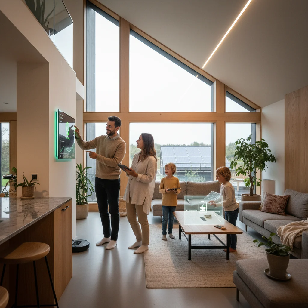 Family using smart home devices for energy efficiency and savings