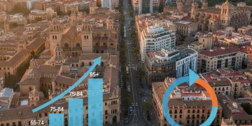 Spanish city skyline with demographic trends overlay