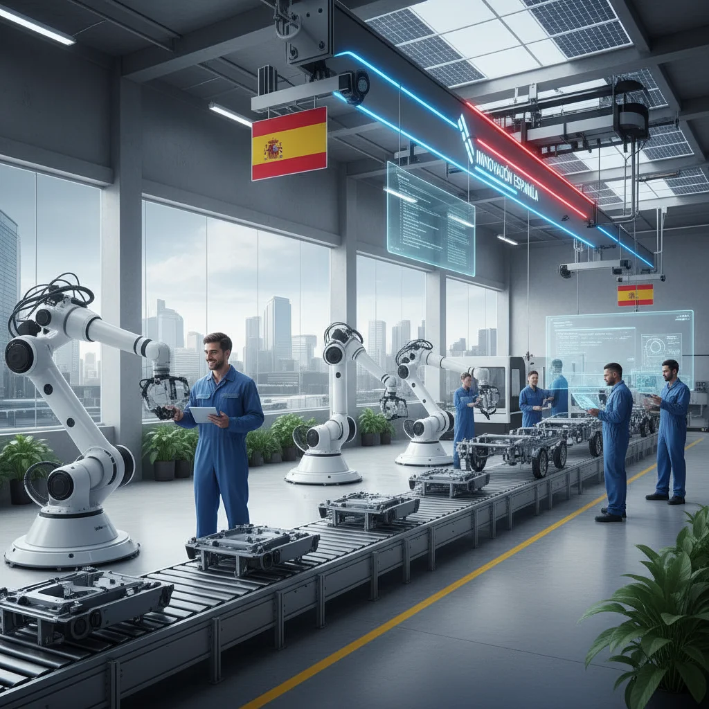 Robotics and human collaboration in a modern Spanish factory, showcasing industrial innovation and productivity.