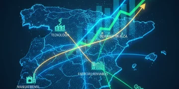Spanish labor market trends with glowing lines connecting growing sectors and upward arrows.
