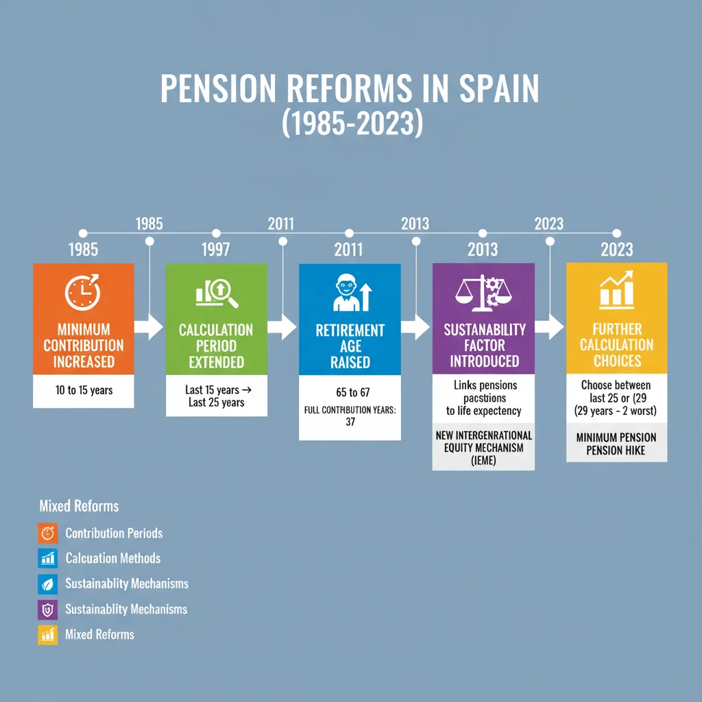 Infographic detailing Spanish pension reform timeline and policy changes